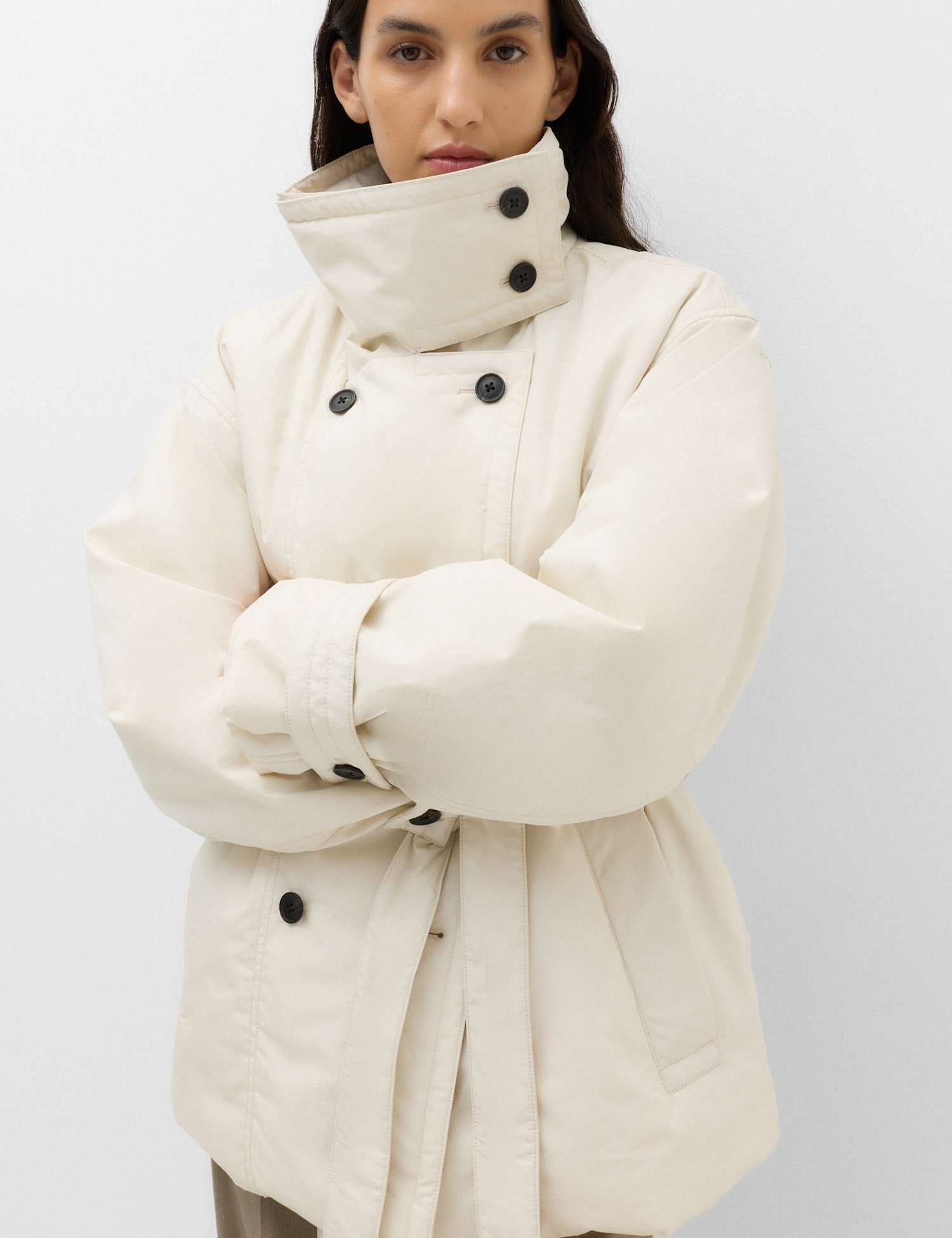 Marks & Spencer M&S Pure Cotton Thermowarmth Belted Funnel Neck Coat Ivory