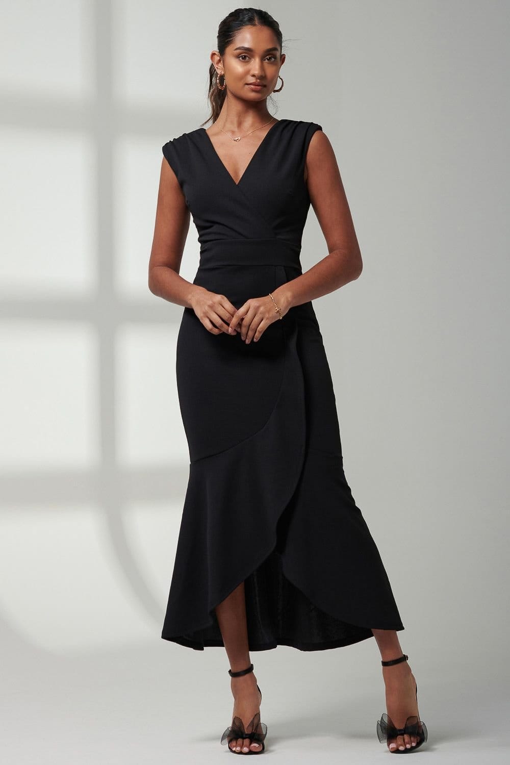 Jolie Moi Black Fishtail Maxi Dress with Frill Detail