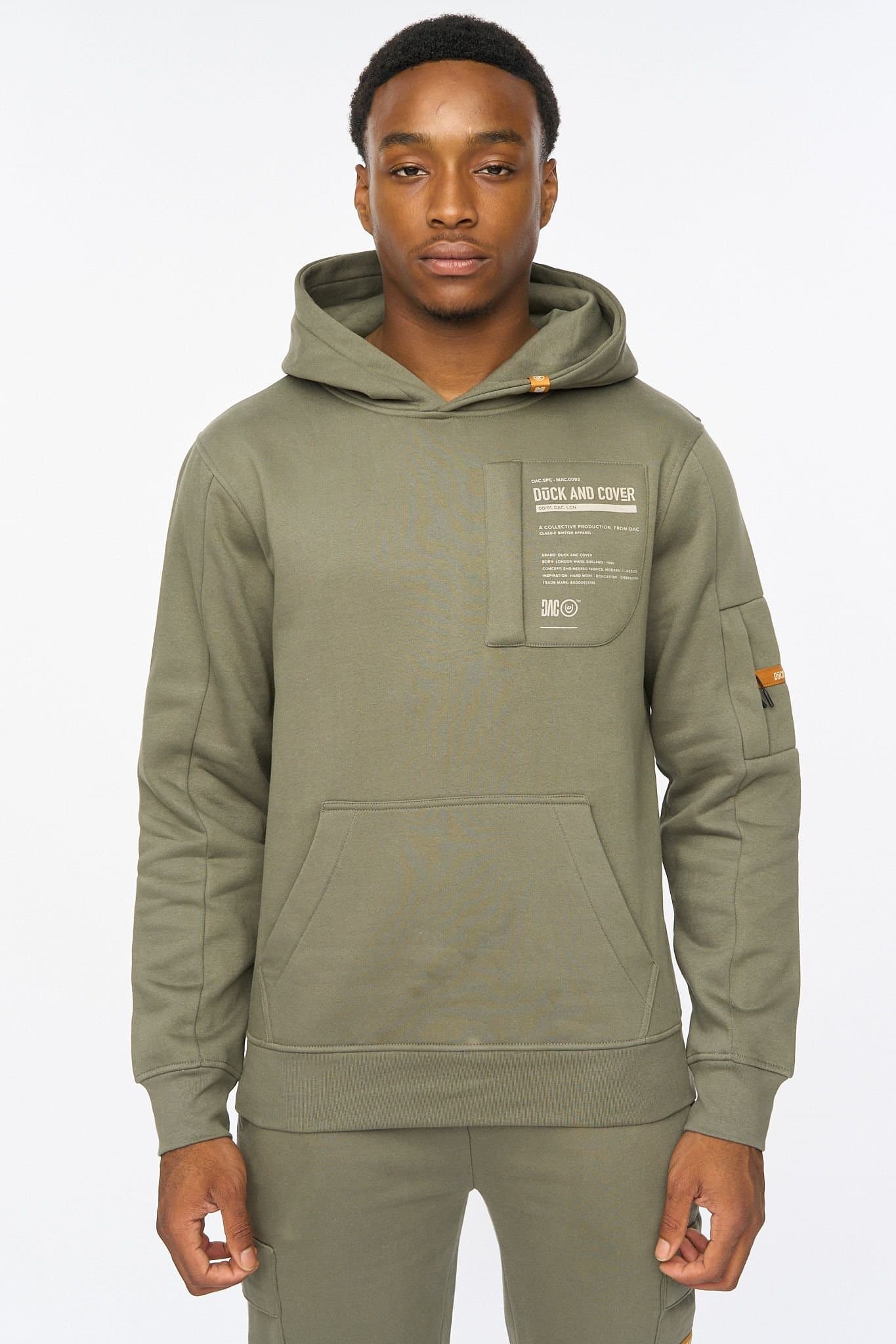 Duck&Cover Duck&Cover Men's Adamsberg Men's Carbon Fleece Hoodie - Technical Zip Sleeve Pocket & Webbed Branding Detail in Dark Olive