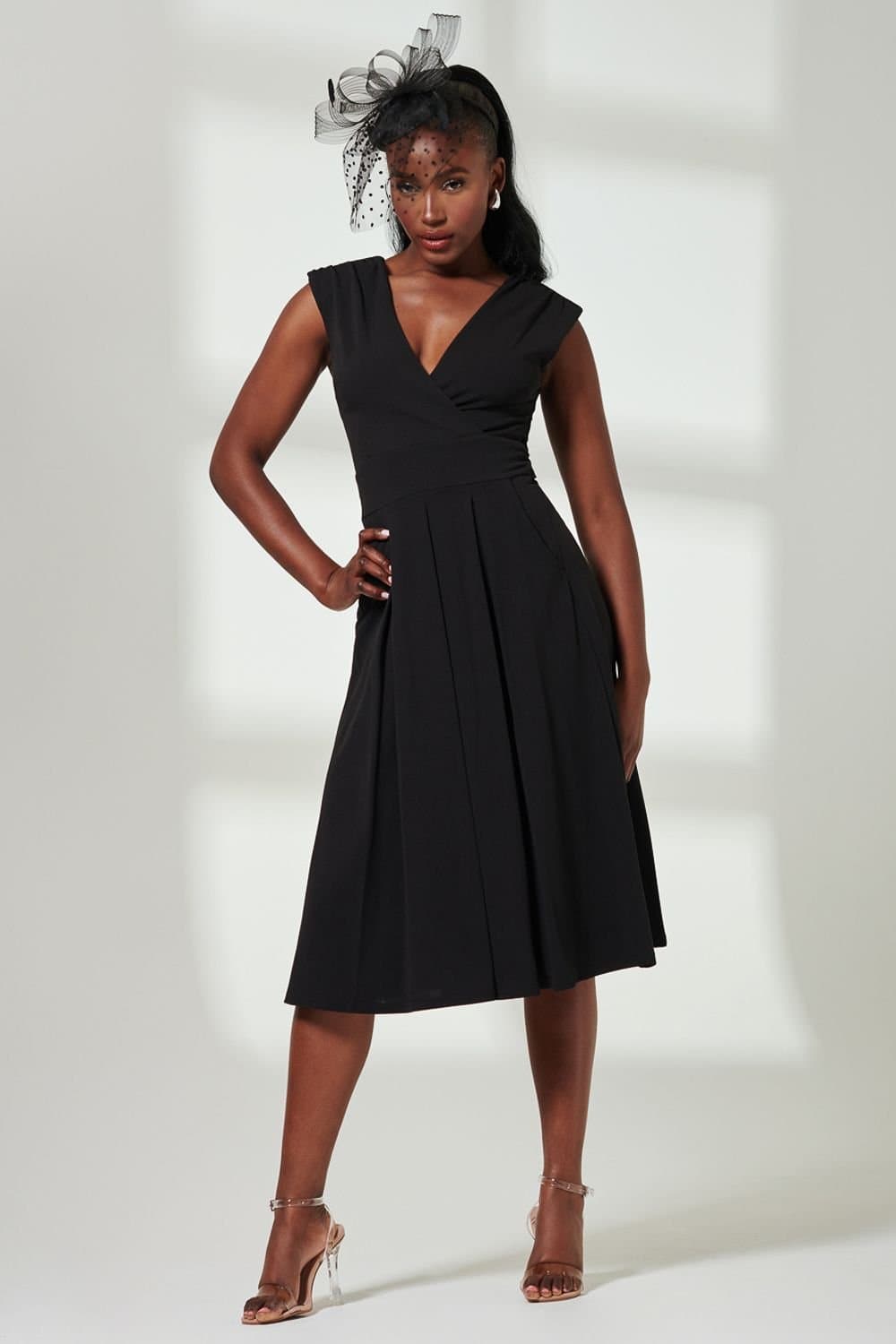 Jolie Moi Jolie Moi Women's Yuina Scuba Pleated Flare Midi Dress in Black