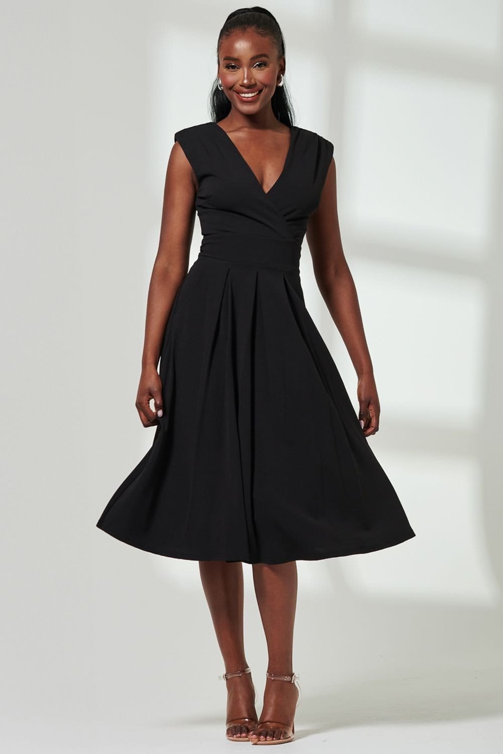Jolie Moi Jolie Moi Women's Yuina Scuba Pleated Flare Midi Dress in Black - 4