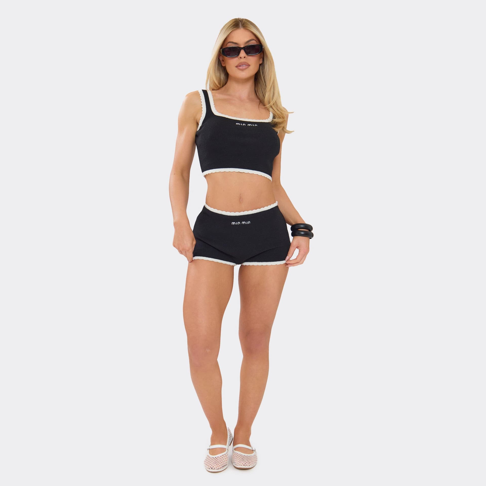 EGO Low Rise Scallop Hem Min Min Embroidered Shorts In Black Knit, Women's Size UK L