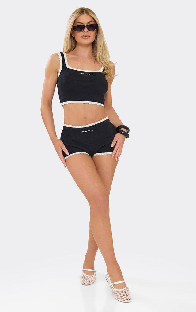 EGO Low Rise Scallop Hem Min Min Embroidered Shorts In Black Knit, Women's Size UK L - 2