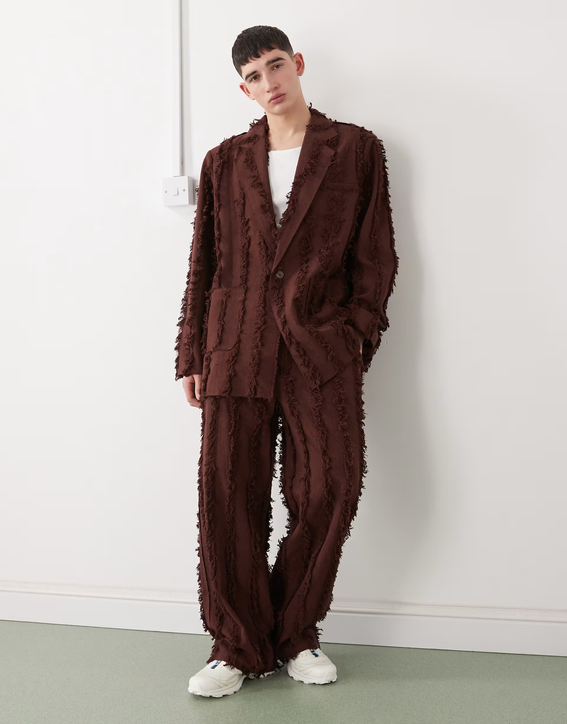 ASOS Reclaimed Vintage oversized suit jacket in brown with fraying - 1