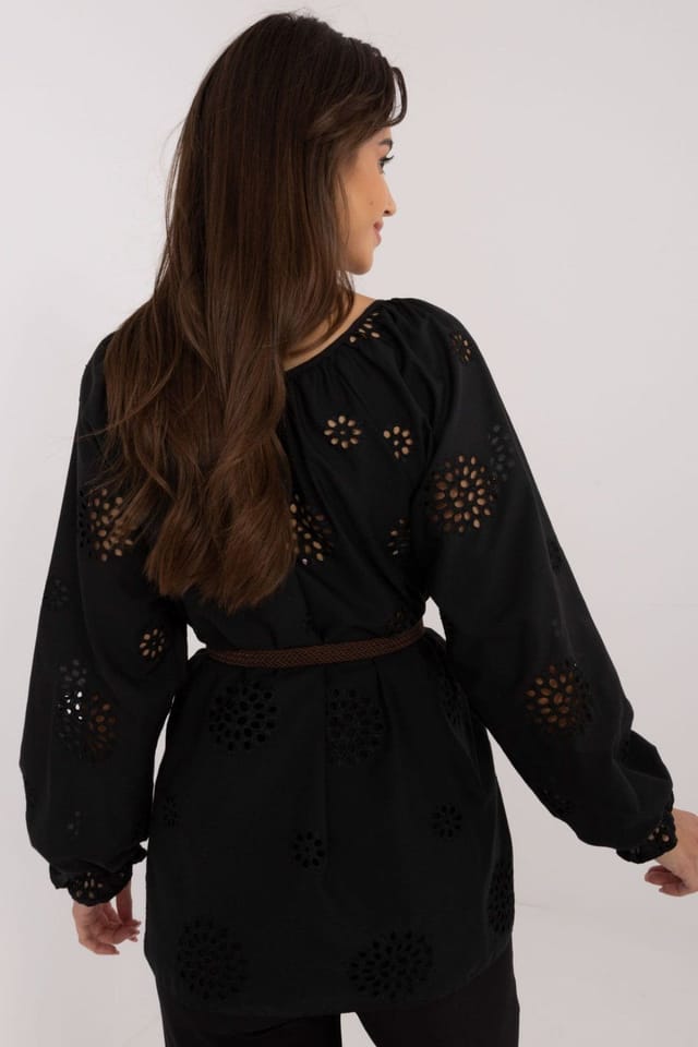 Love Lace Love Lace Women's Boho Cotton Lace Blouse with Belt & Tie in Black - 3