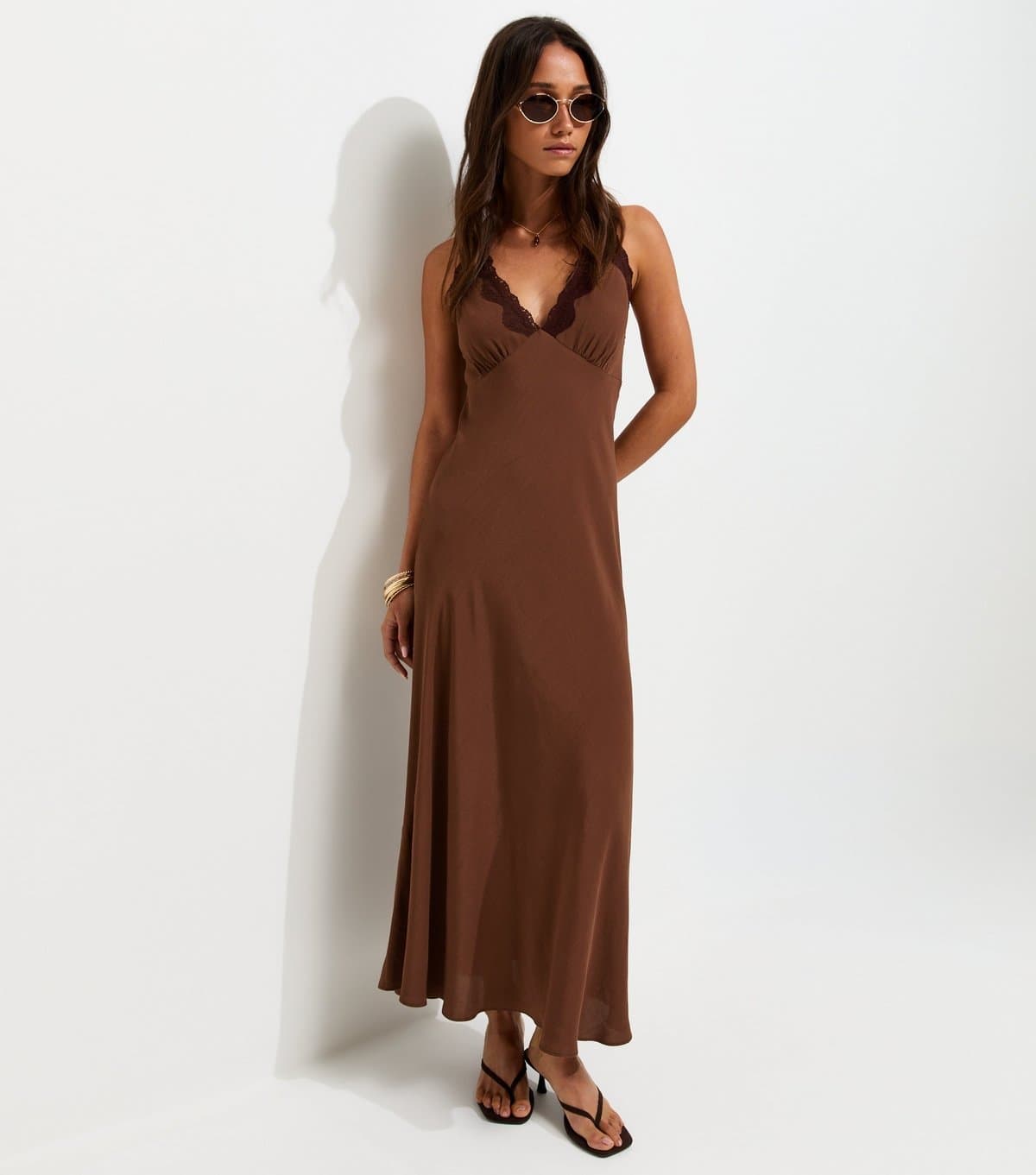 New Look Women's Dark Brown Lace Trim Halterneck Midi Dress New Look