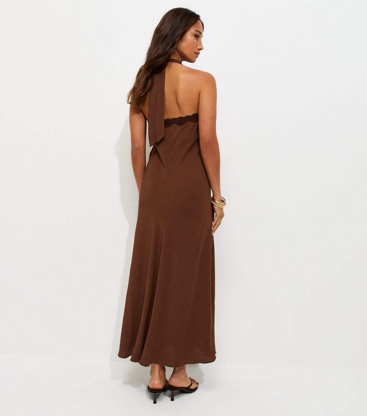 New Look Women's Dark Brown Lace Trim Halterneck Midi Dress New Look - 4