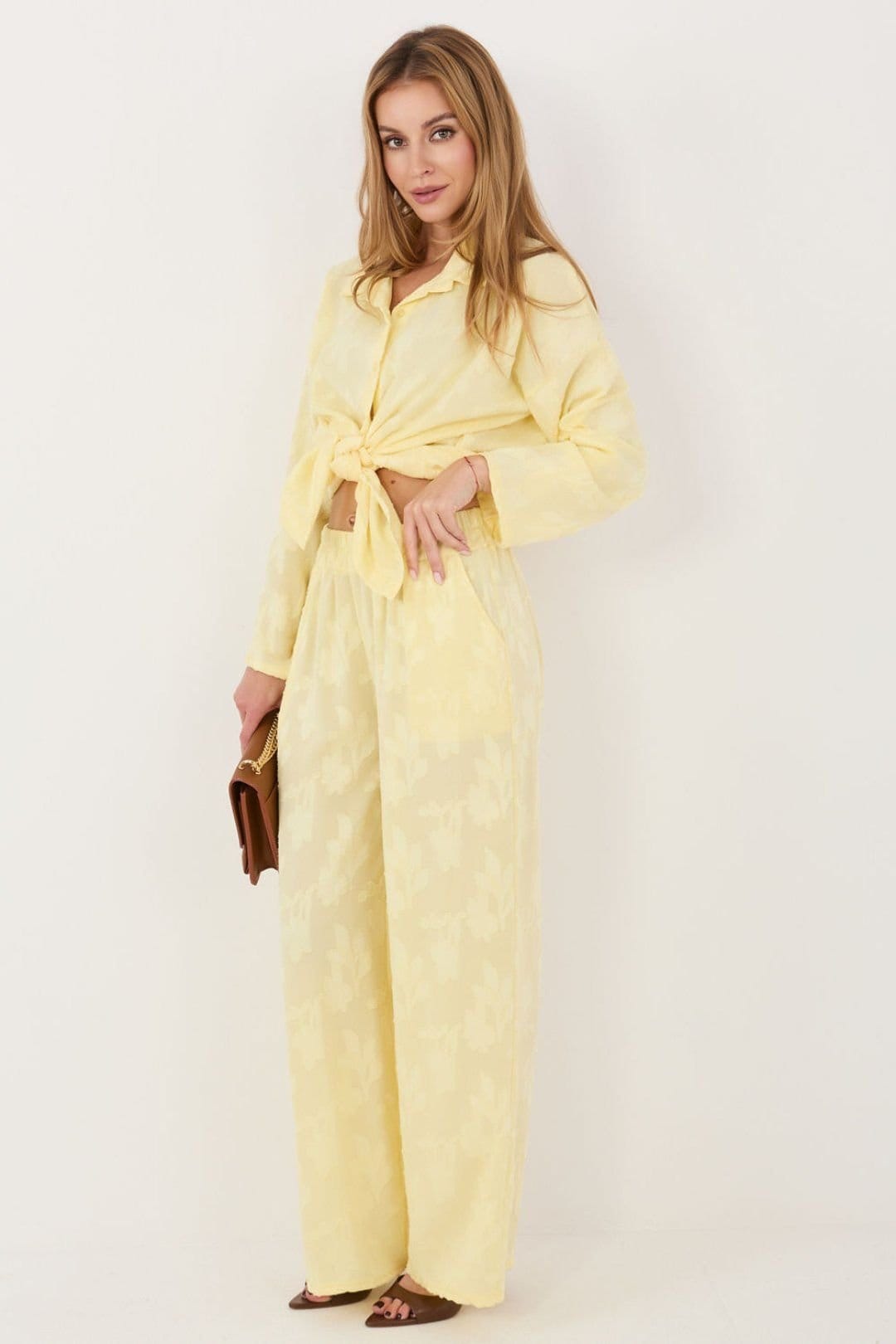 Love Lace Yellow Textured Viscose Elastane Shirt Trouser Set