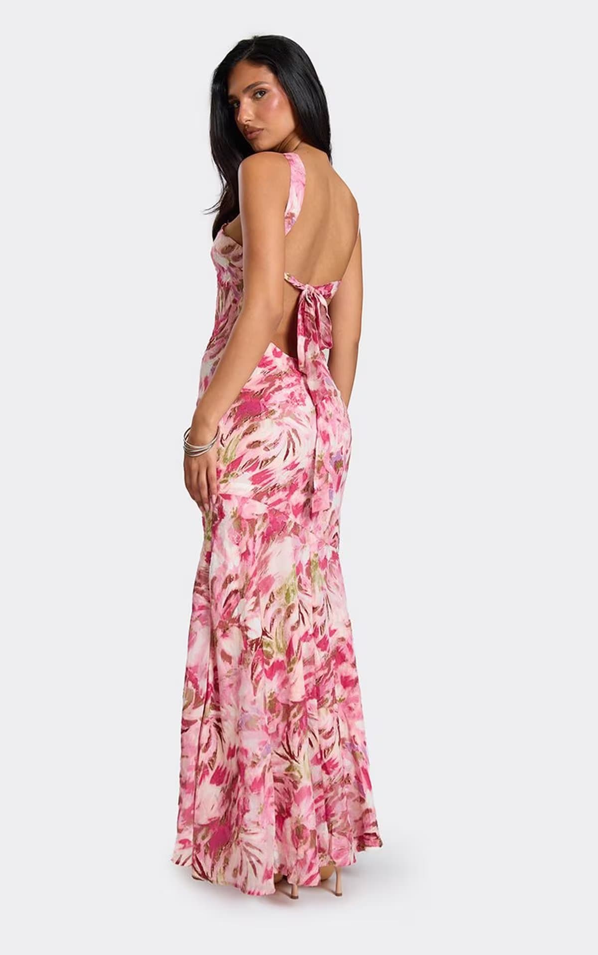 EGO Asymmetric Neckline Floaty Maxi Dress In Pink Floral Texture, Women's Size UK 6