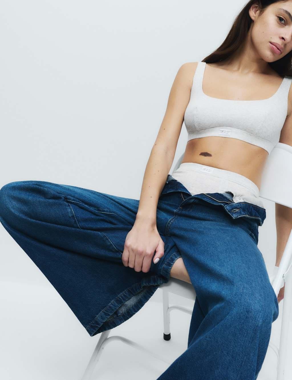 Marks & Spencer M&S Grey Marl Cotton Rib Non-Wired Crop Top