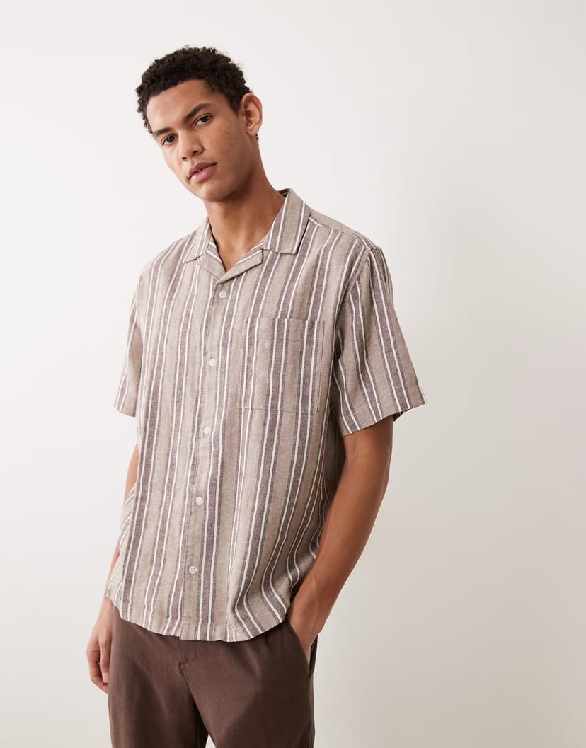 ASOS ASOS DESIGN relaxed linen blend stripe shirt in brown - 1