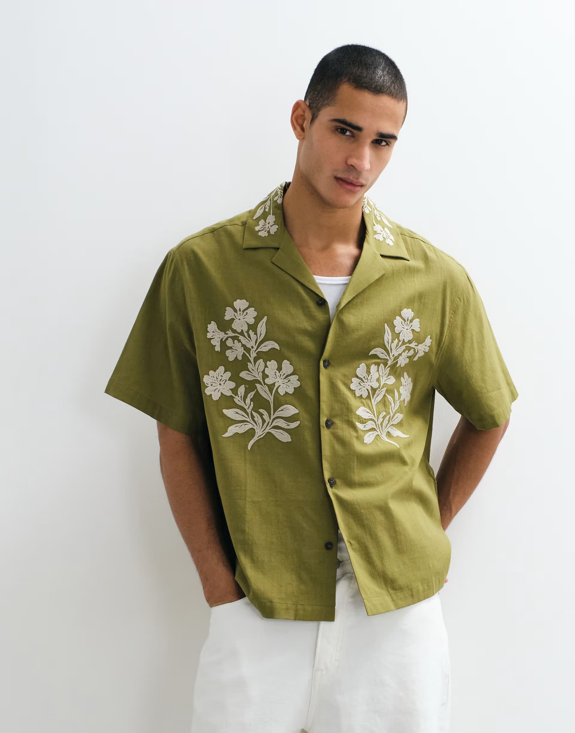 ASOS ASOS DESIGN oversized shirt with floral embroidery in khaki