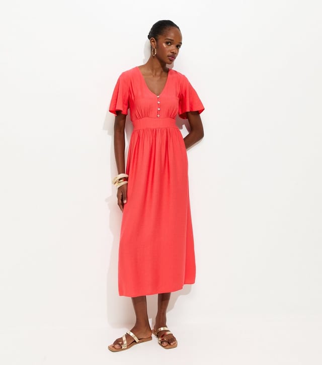 New Look Women's Coral Frill Sleeve V Neck Midi Dress New Look - 2