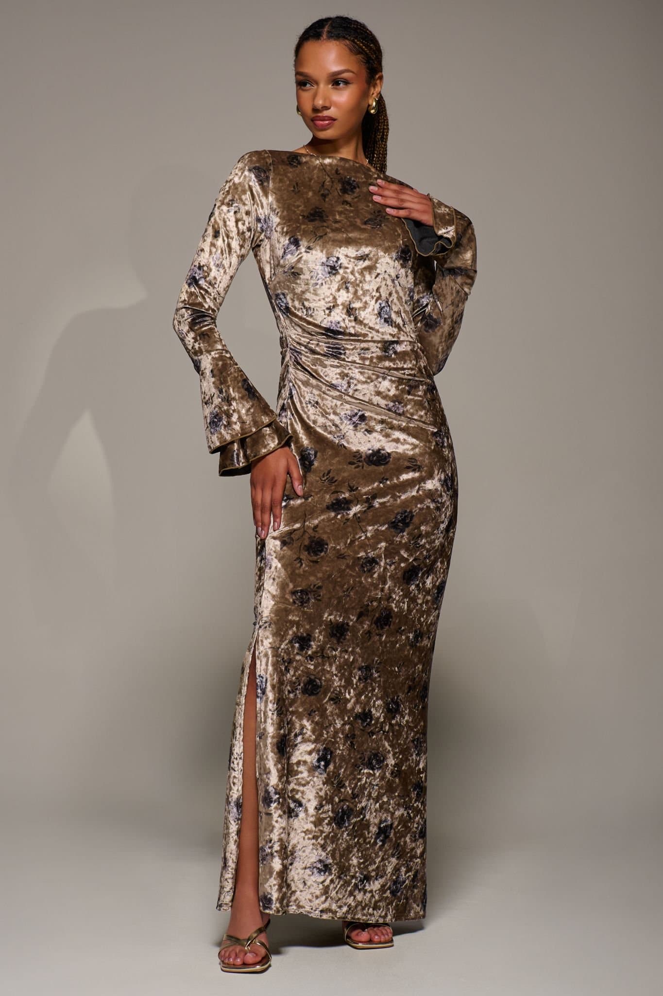 Jolie Moi Jolie Moi Women's Ruffle Sleeve Boat Neck Velvet Maxi Dress in Gold