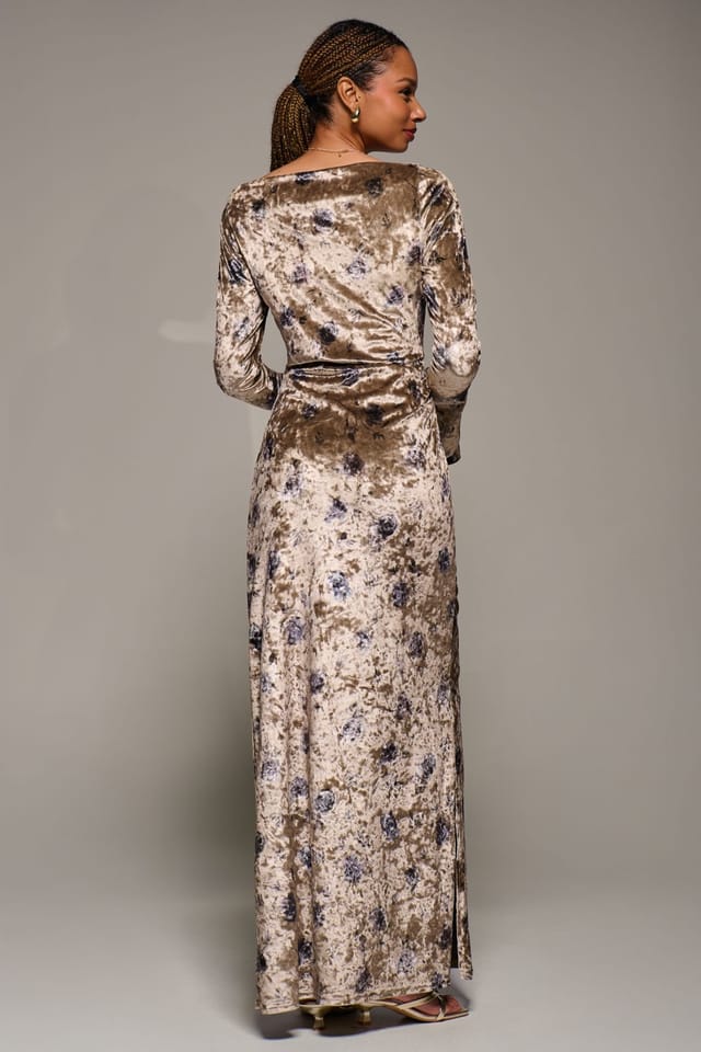 Jolie Moi Jolie Moi Women's Ruffle Sleeve Boat Neck Velvet Maxi Dress in Gold - 2