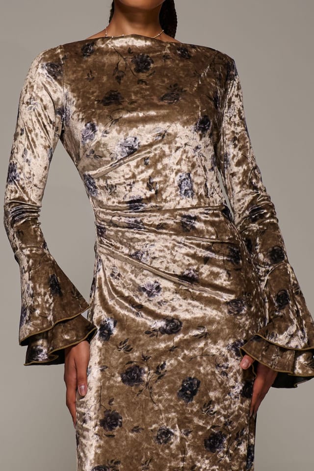 Jolie Moi Jolie Moi Women's Ruffle Sleeve Boat Neck Velvet Maxi Dress in Gold - 3