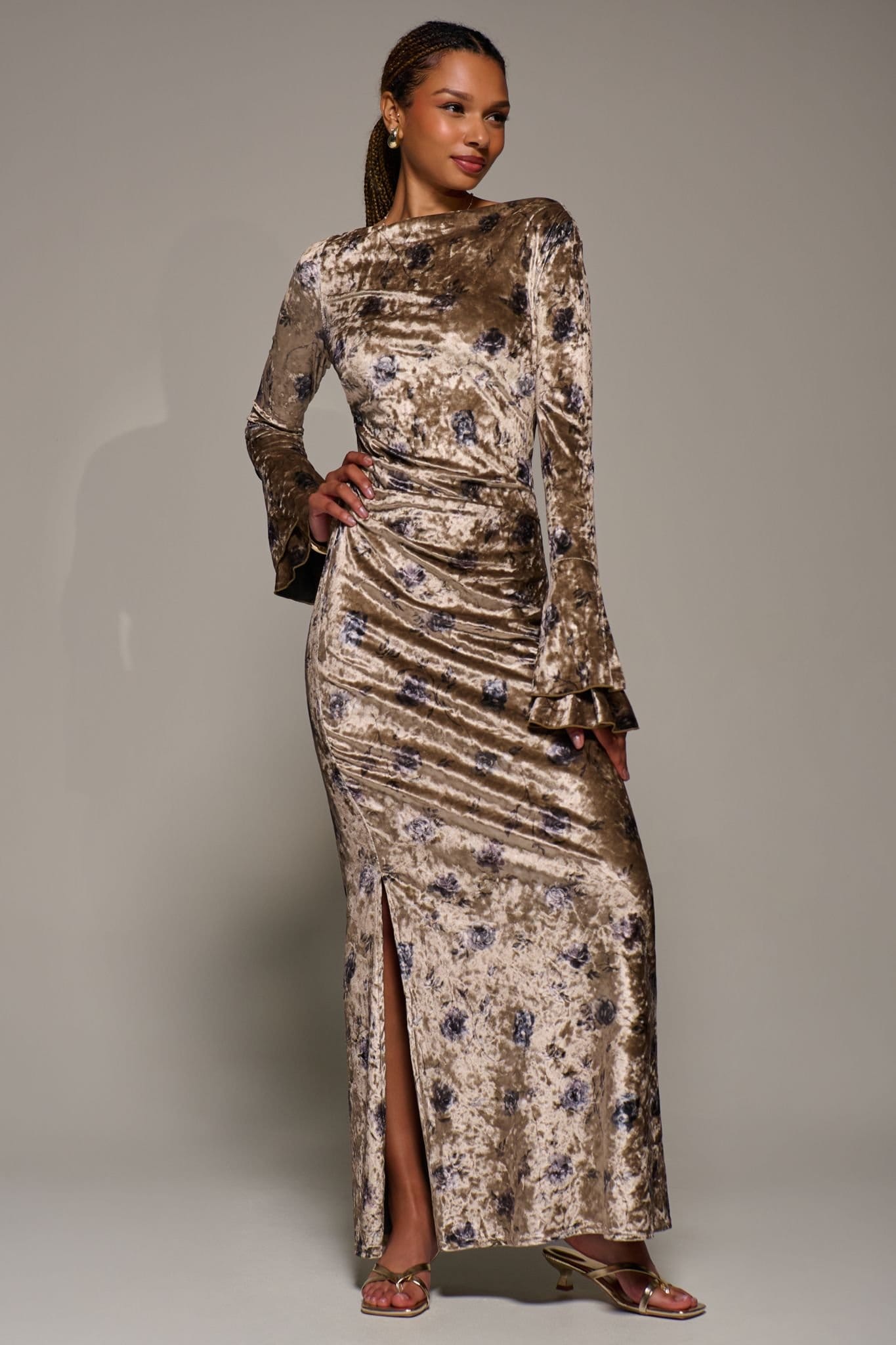 Jolie Moi Jolie Moi Women's Ruffle Sleeve Boat Neck Velvet Maxi Dress in Gold - 4