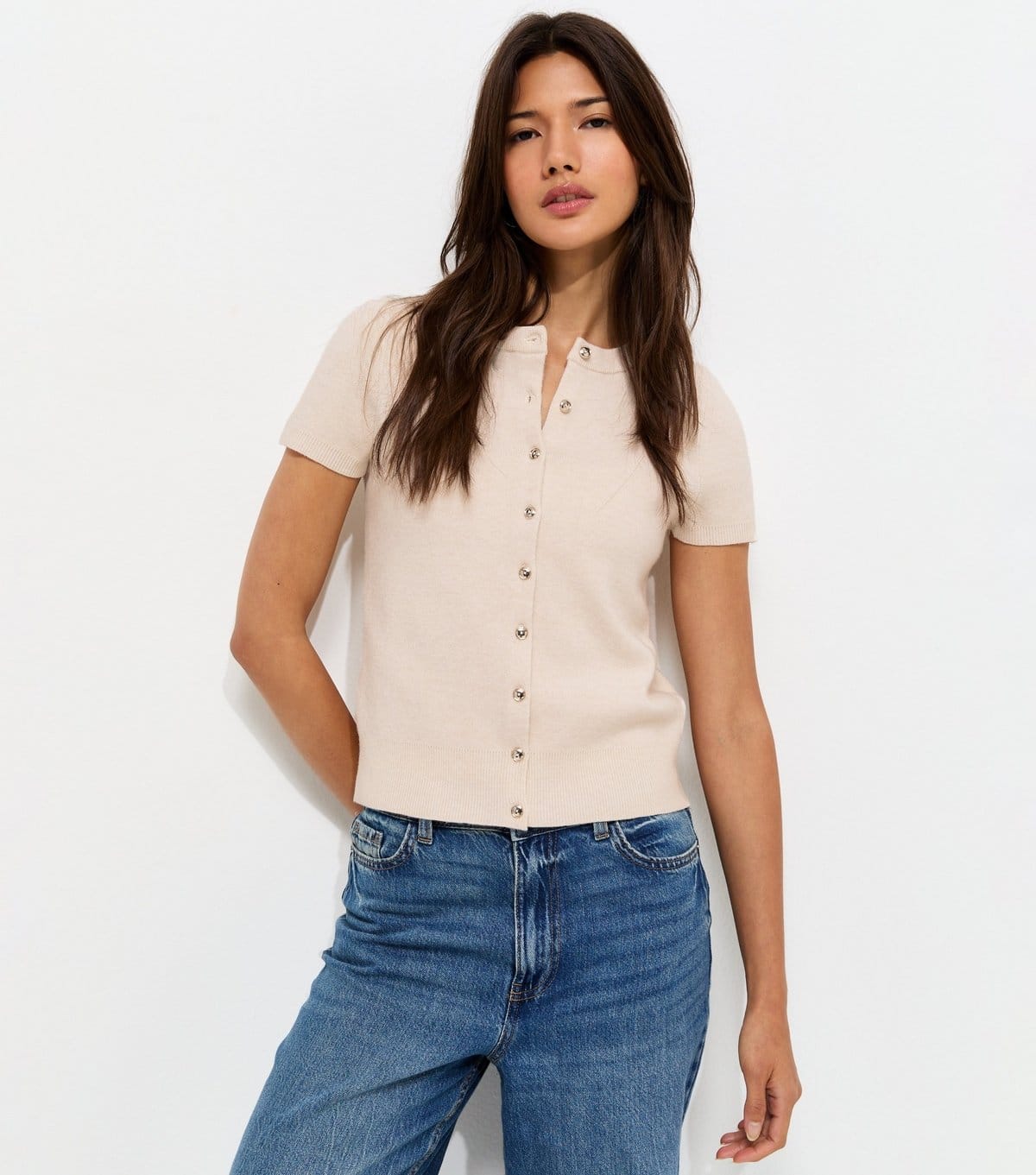Women's Off White Compact Knit Cap Sleeve Buttoned Top New Look