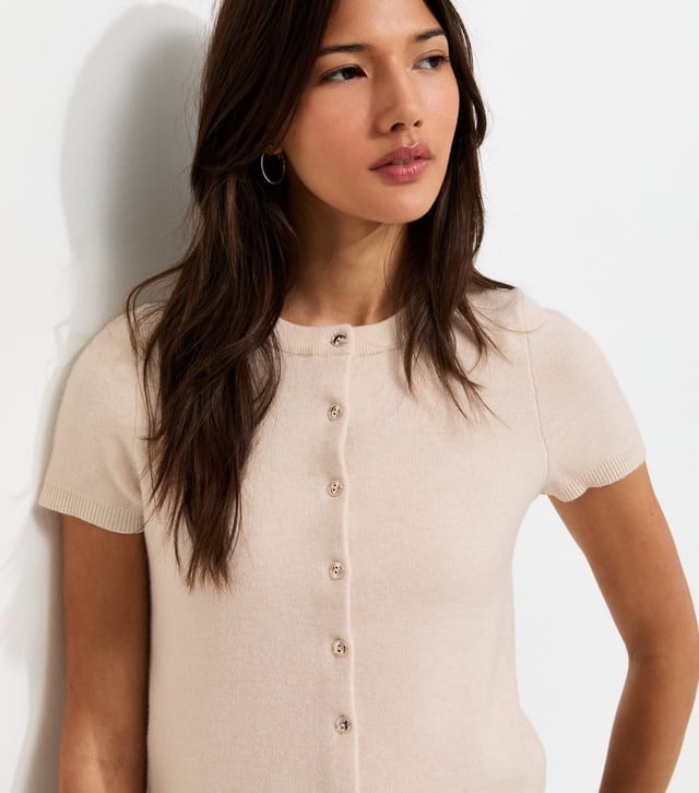New Look Women's Off White Compact Knit Cap Sleeve Buttoned Top New Look - 2