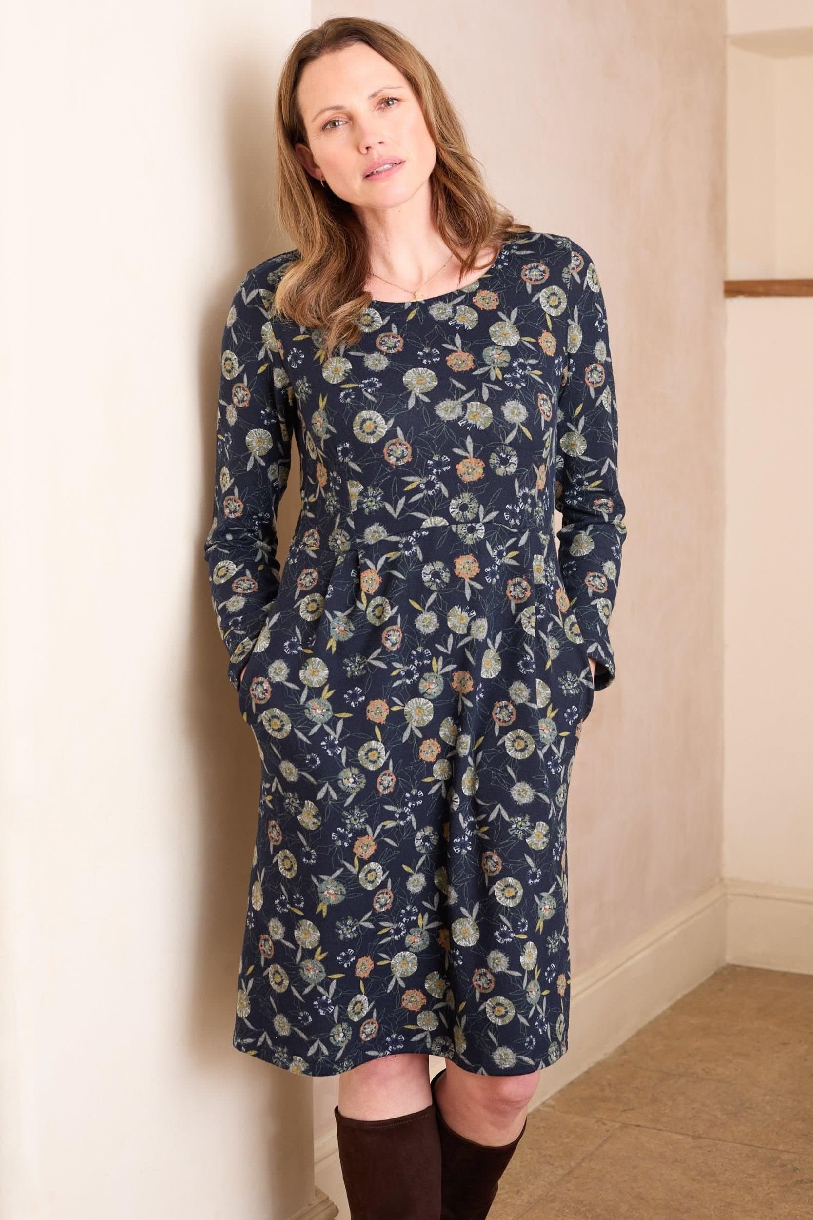 Lily & Me Lily & Me Women's Frampton Floral Print Semi Fitted Midi Dress with Full length sleeves in Navy