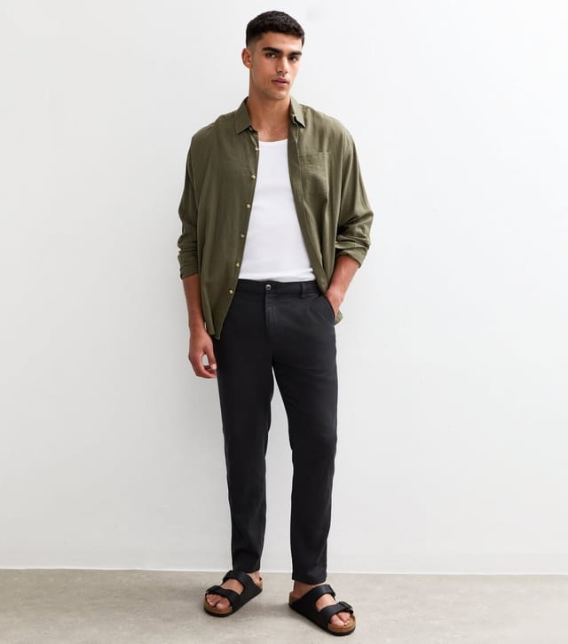New Look Men's Black Regular Tapered Leg Linen Blend Trousers New Look - 3