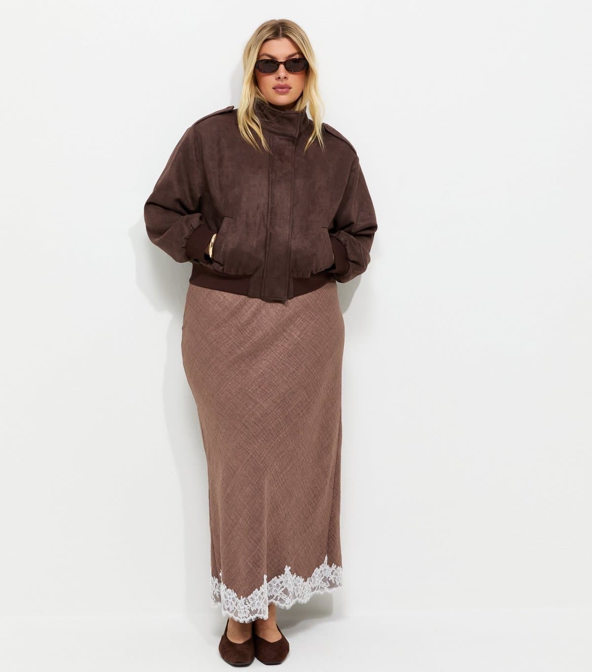 New Look Women's Plus Size Dark Brown Woven Lace Trim Midi Skirt Curves New Look