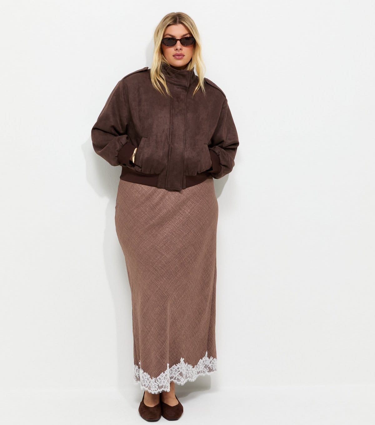 New Look Plus Size Dark Brown Woven Lace Trim Midi Skirt