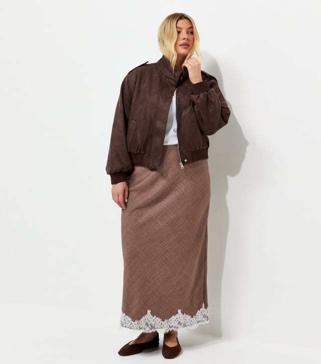 New Look Women's Plus Size Dark Brown Woven Lace Trim Midi Skirt Curves New Look - 3