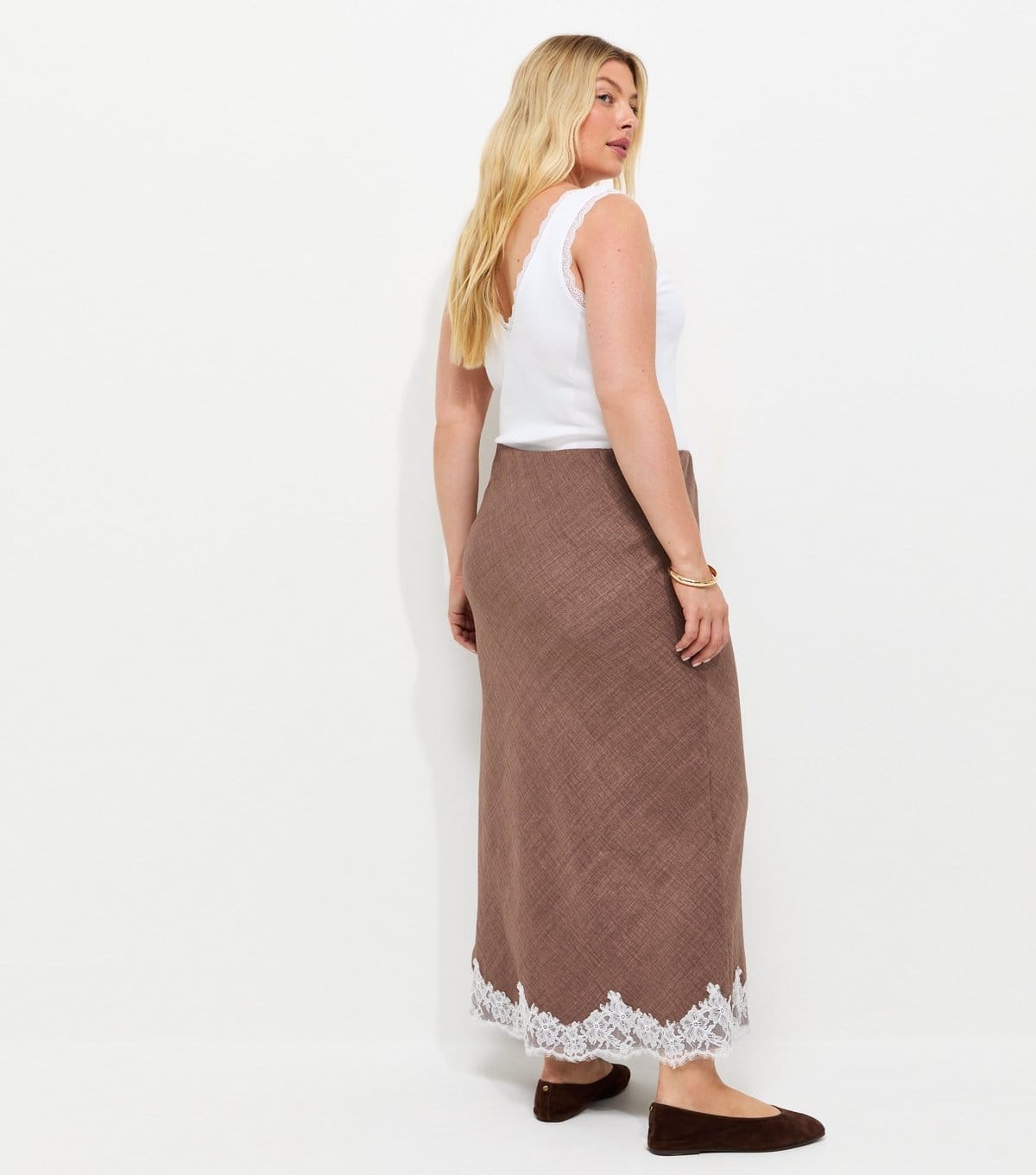 New Look Women's Plus Size Dark Brown Woven Lace Trim Midi Skirt Curves New Look - 4
