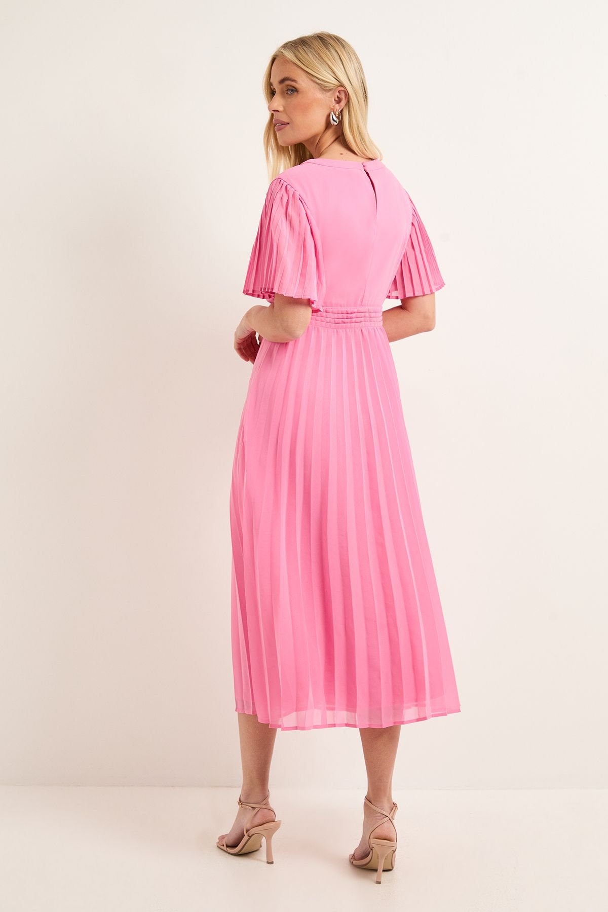 Wallis Wallis Women's Petite Chiffon Pleated Sleeve Midi Dress in Pink - 3