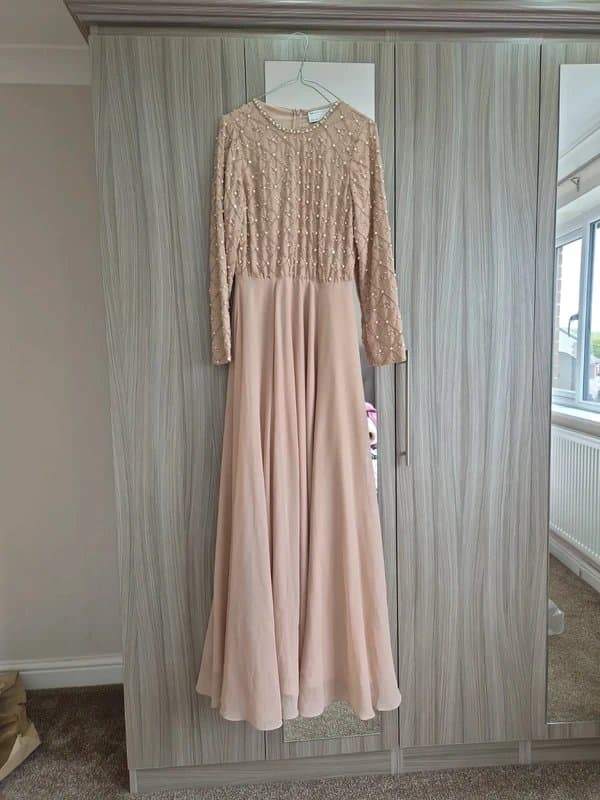 ASOS Design ASOS Design bridesmaid maxi dress with long sleeve in pearl and bead embellishment with tulle skirt