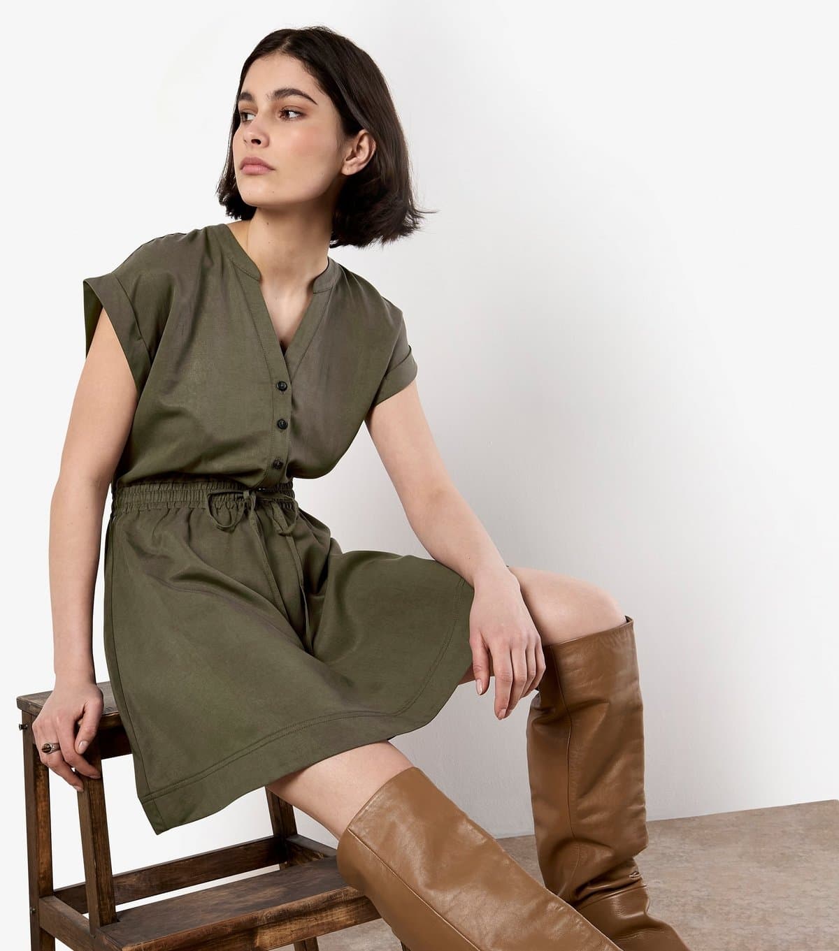 Apricot Apricot Khaki Mini Dress with Drawstring Waist