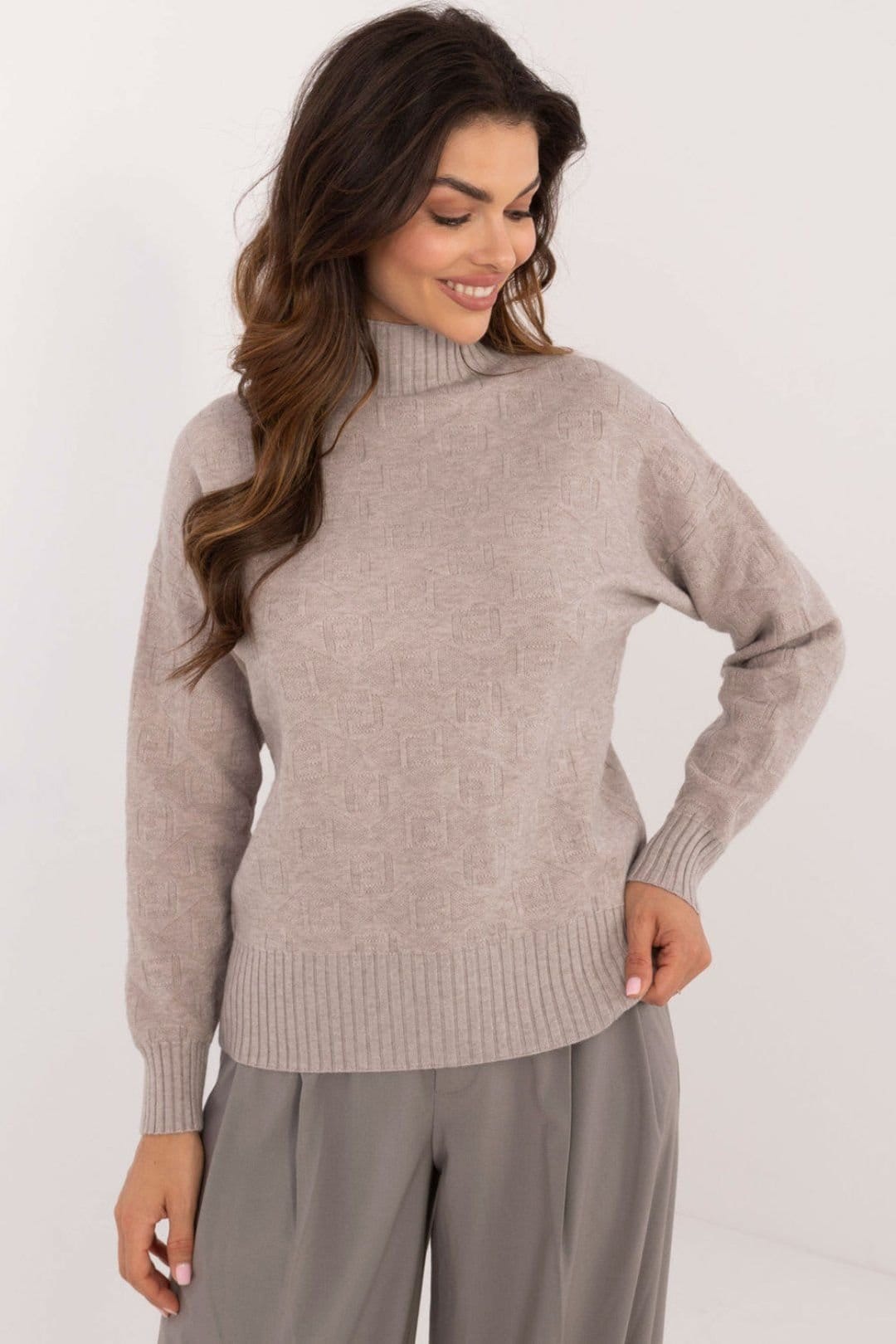 Love Lace Beige Textured Half Turtleneck Sweater