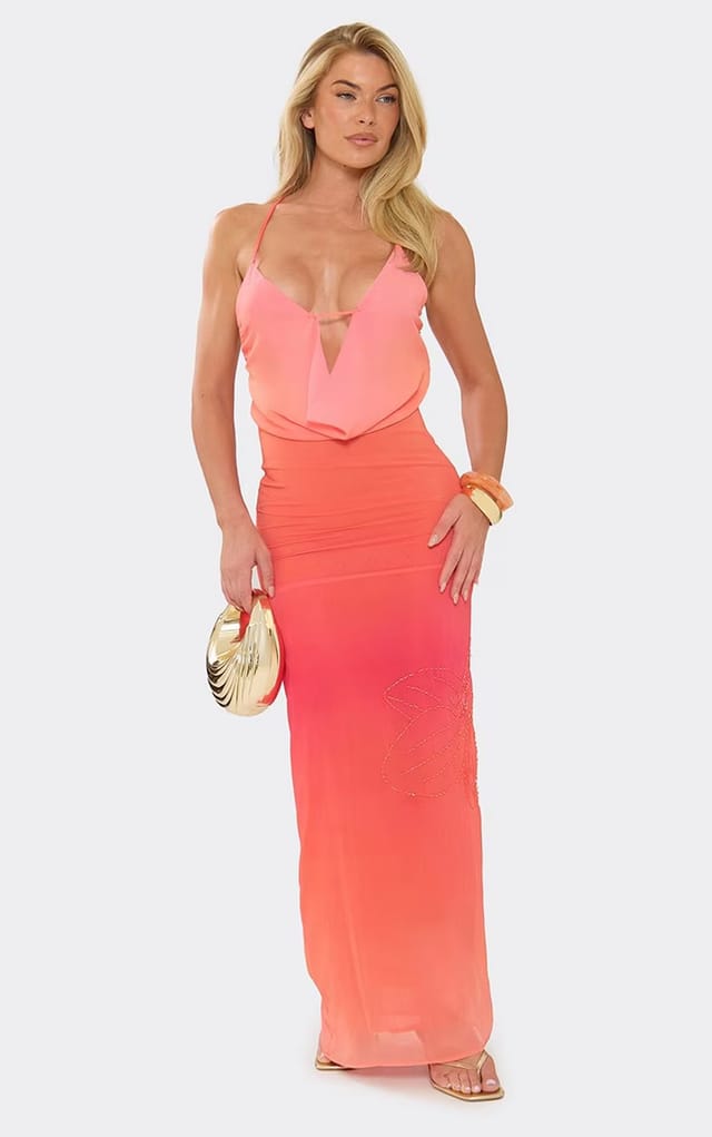 EGO Cowl Neck Beaded Detail Maxi Dress In Ombre, Women's Size UK 6 - 2