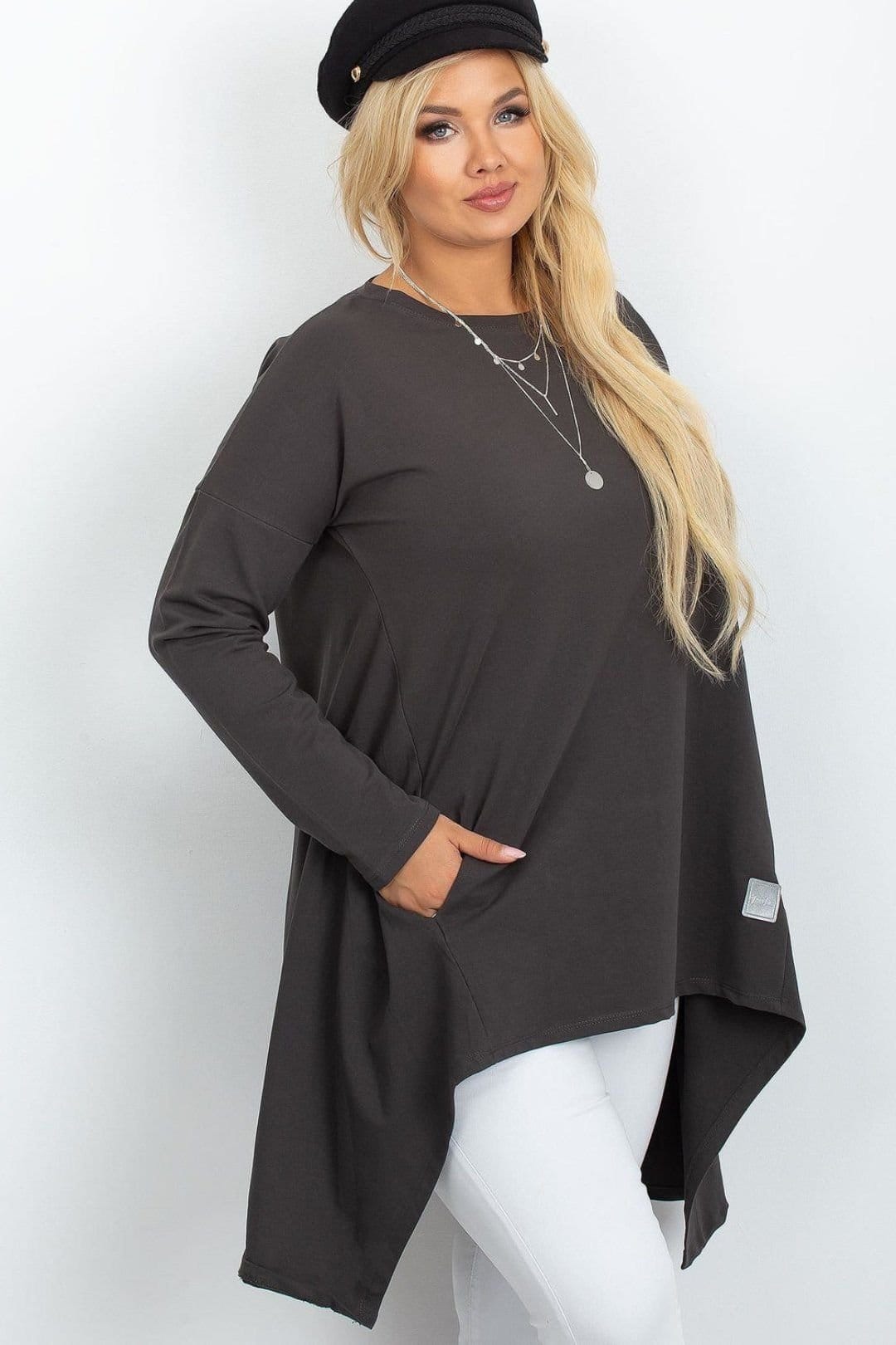 Love Lace Love Lace Women's Plus Size Asymmetrical Draped Tunic with Pockets in Charcoal - 4