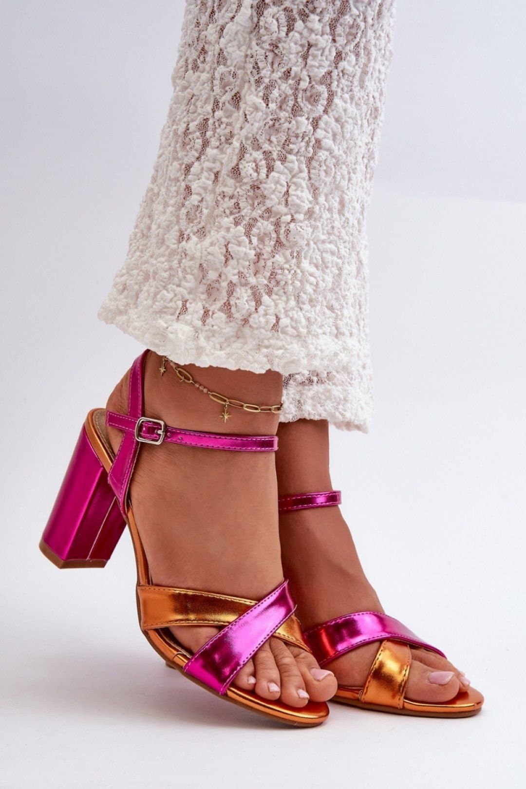 Love Lace Love Lace Pink Metallic Stiletto Heel Sandals with Buckle