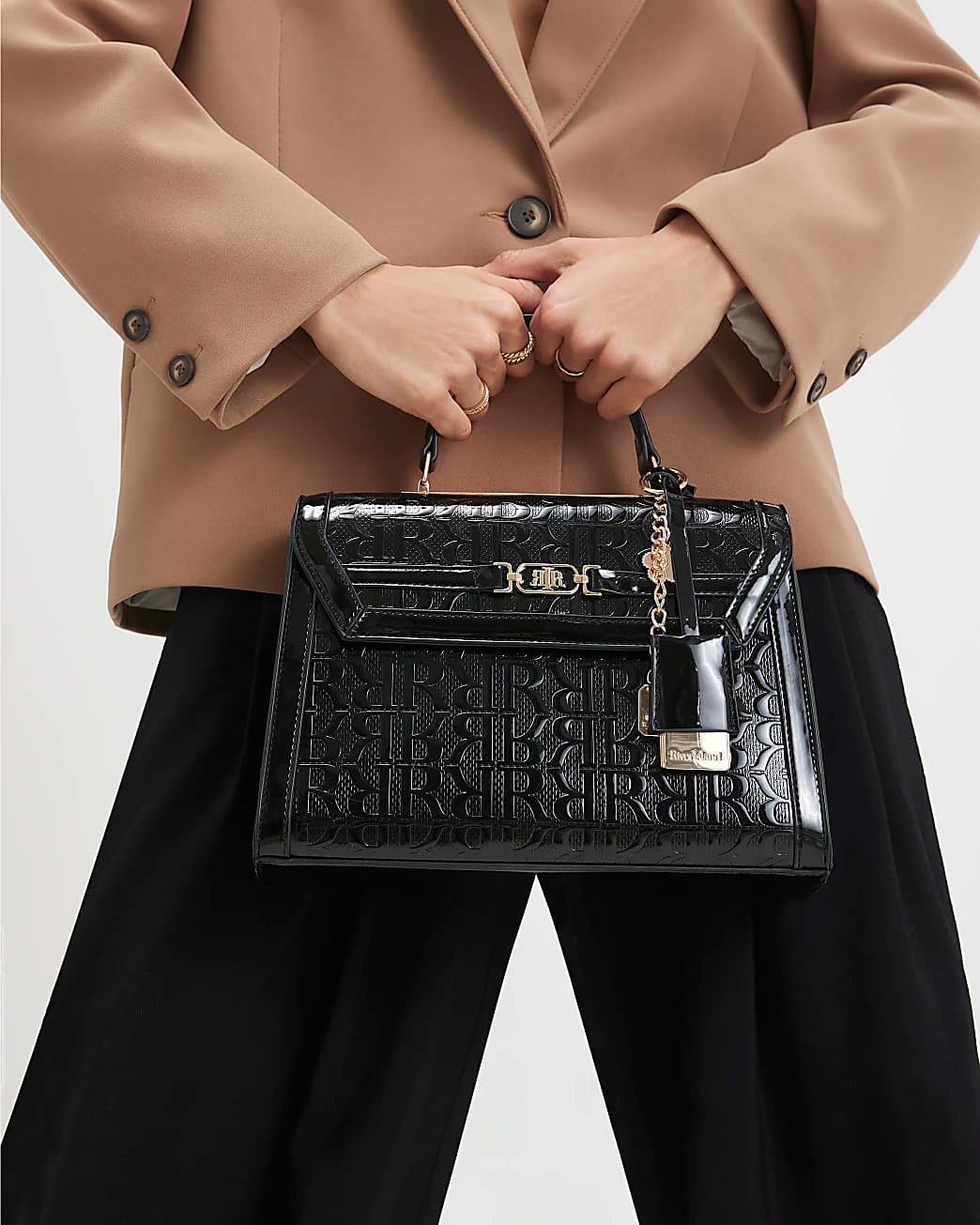 River Island River Island Womens Black Patent Embossed Charm Tote Bag