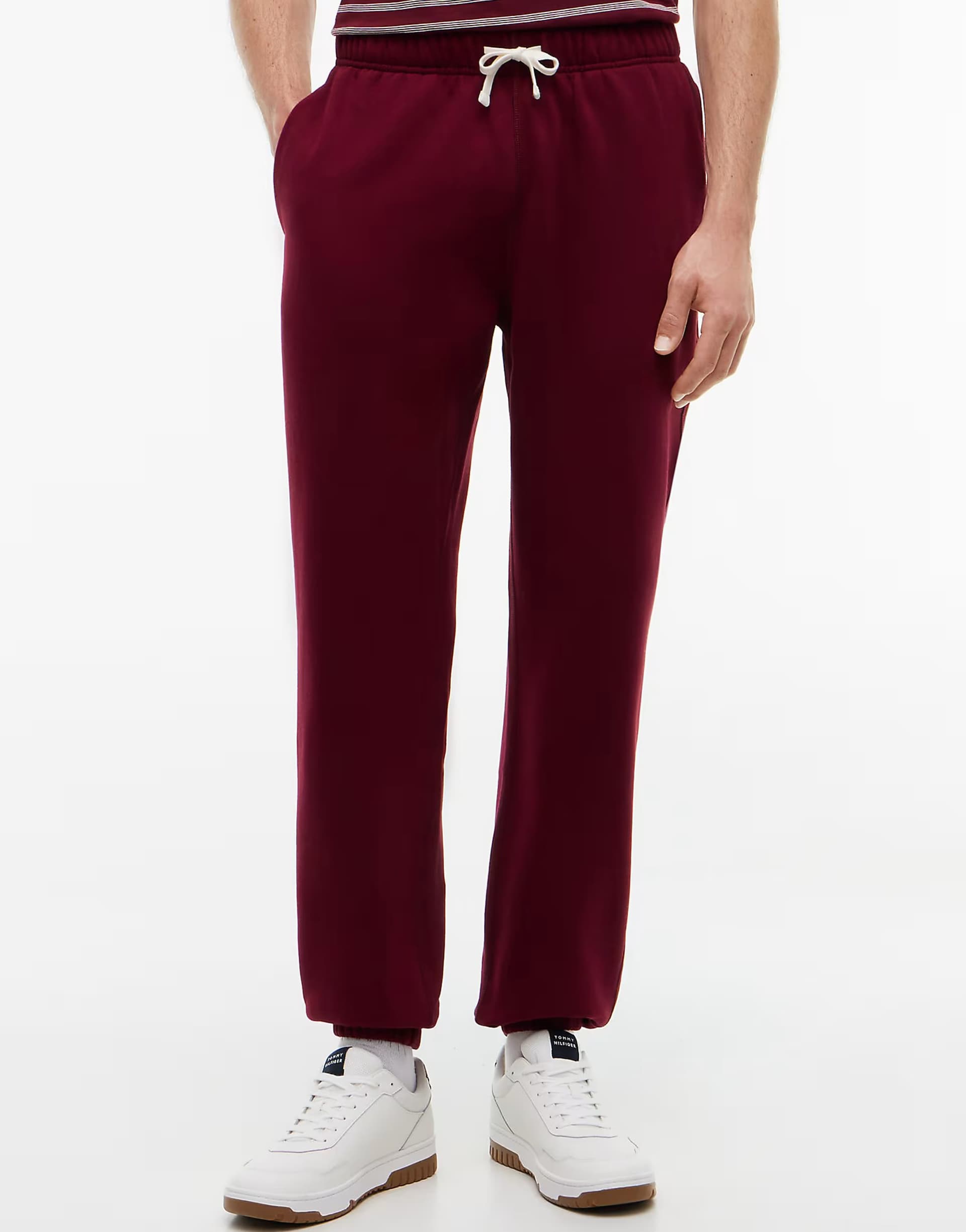 ASOS Tommy Hilfiger Contrast drawstring fleece cuffed joggers in burgundy