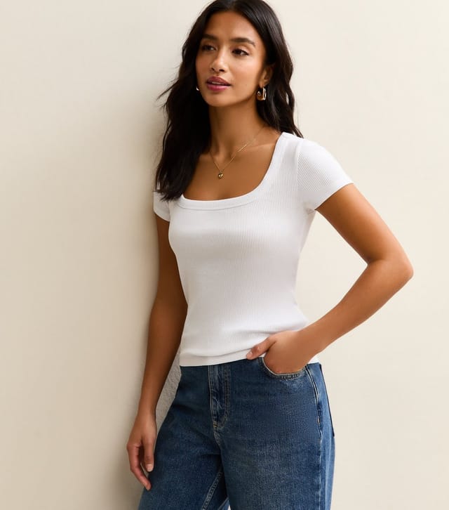 New Look Women's Petite White Ribbed Square Neck Top New Look - 2