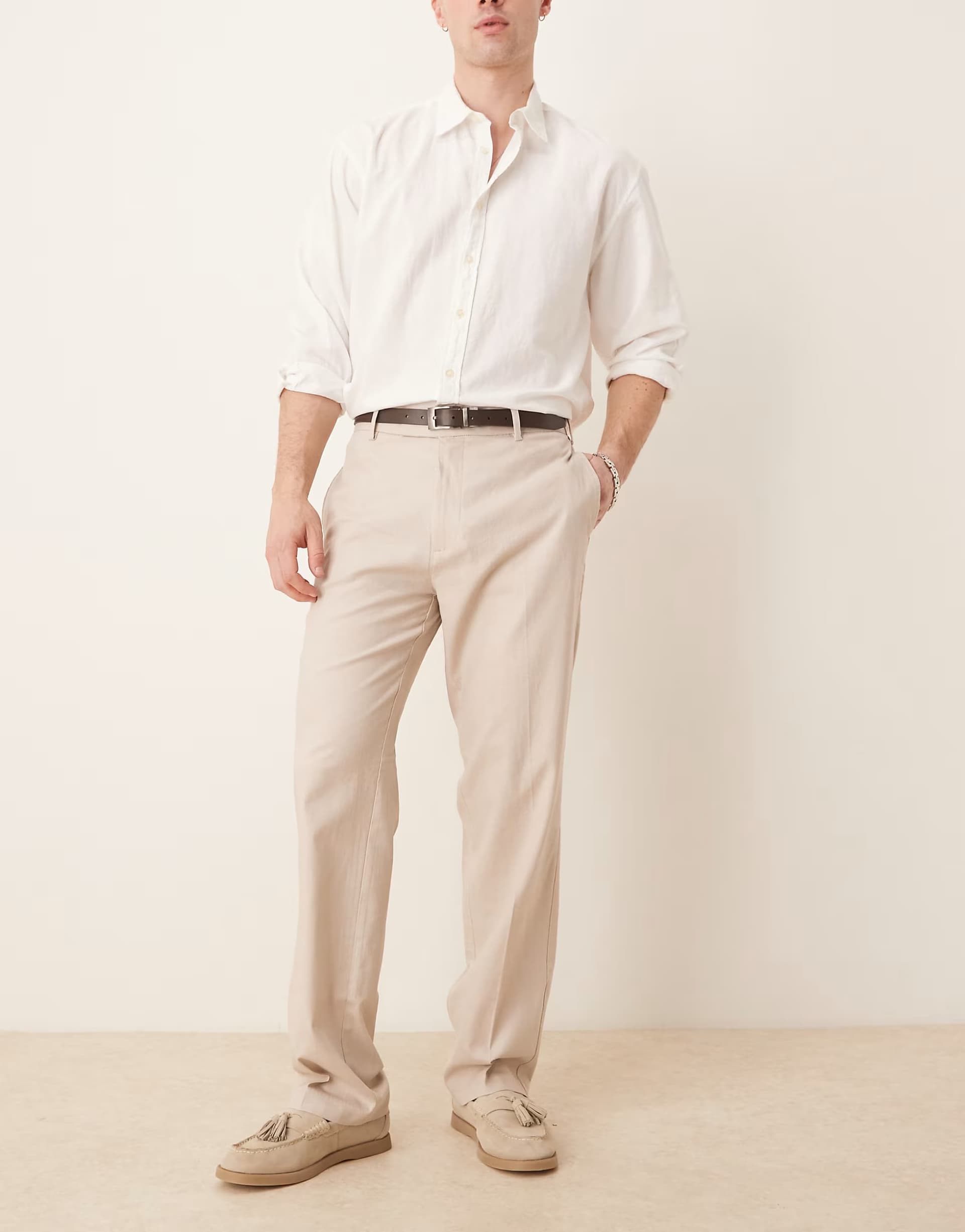 ASOS ASOS DESIGN smart straight leg linen blend trousers in stone
