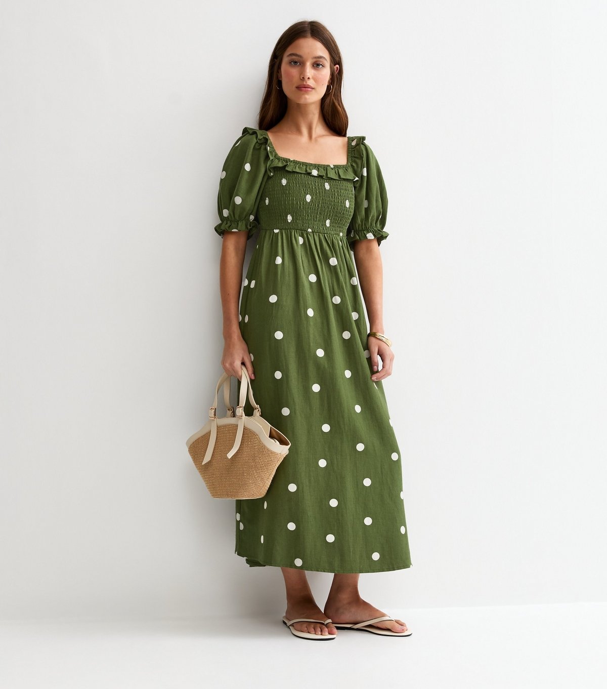 New Look Women's Green Polka Dot Puff Sleeve Shirred Midi Dress New Look - 4