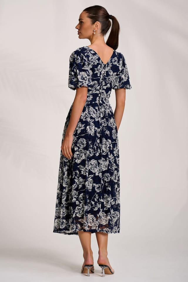 Jolie Moi Jolie Moi Women's Puff Sleeve Printed Lace Maxi Dress in Navy - 2