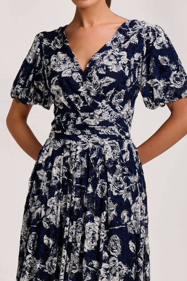 Jolie Moi Jolie Moi Women's Puff Sleeve Printed Lace Maxi Dress in Navy - 3