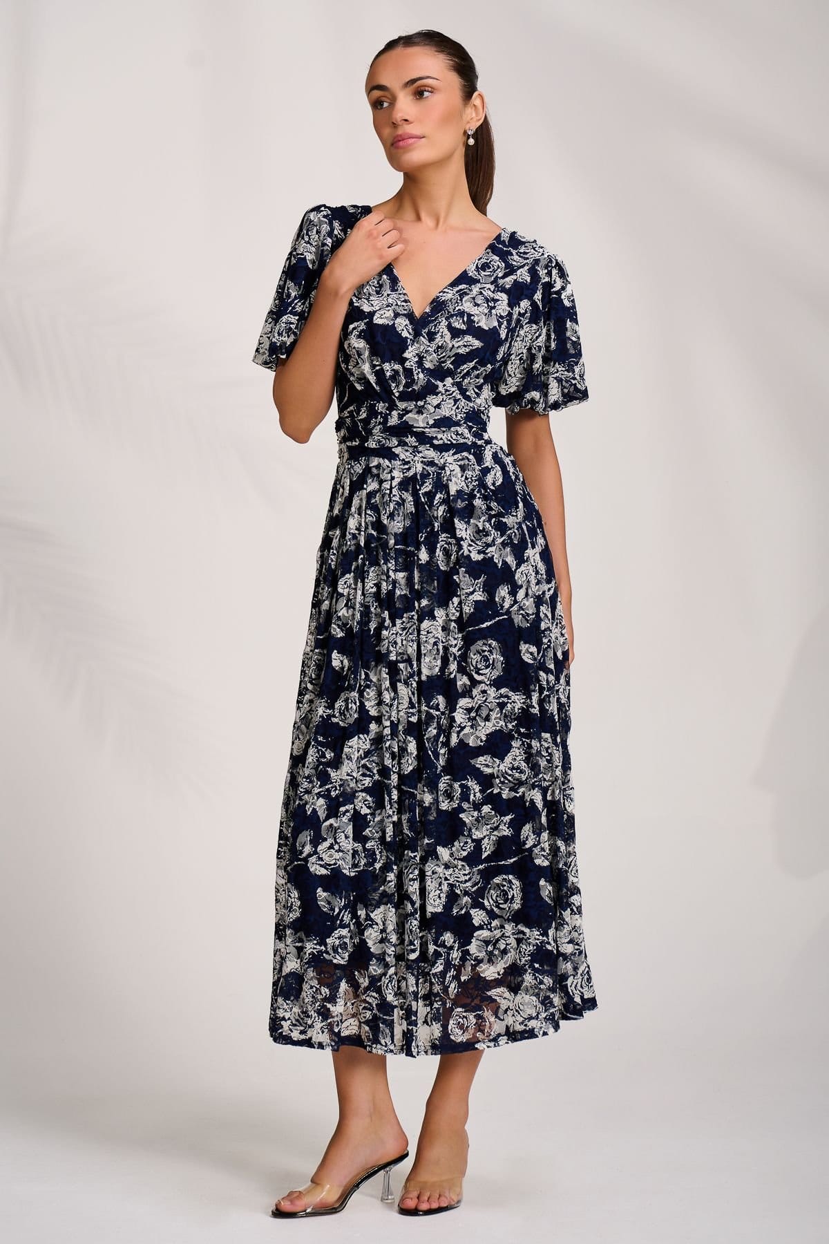 Jolie Moi Jolie Moi Women's Puff Sleeve Printed Lace Maxi Dress in Navy - 4