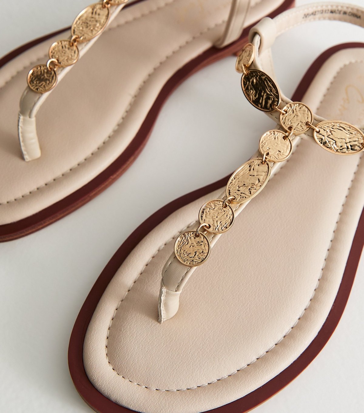 New Look Women's Off White Gold Coin Trim Toe Post Sandals Vegan New Look - 3