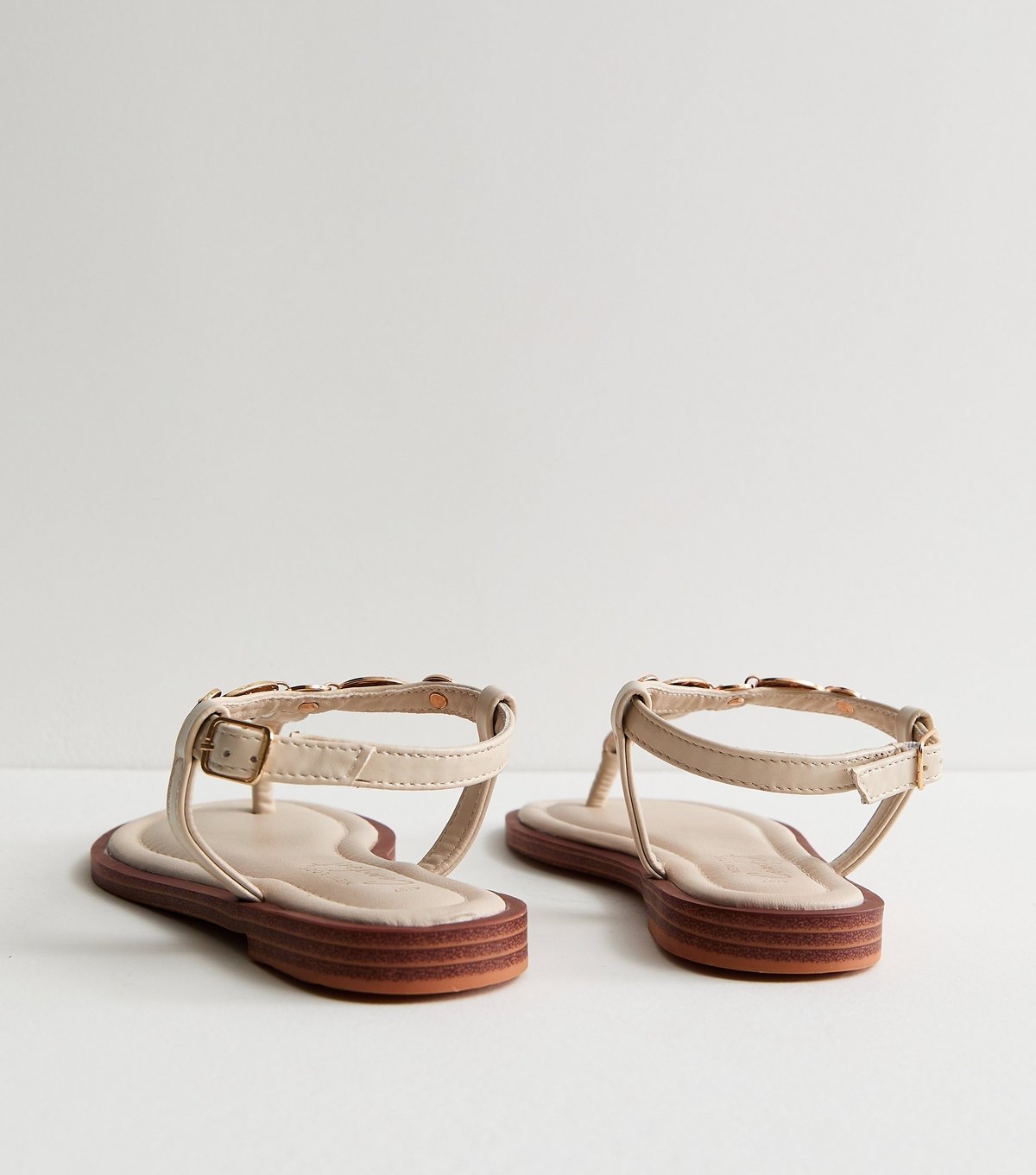 New Look Women's Off White Gold Coin Trim Toe Post Sandals Vegan New Look - 4