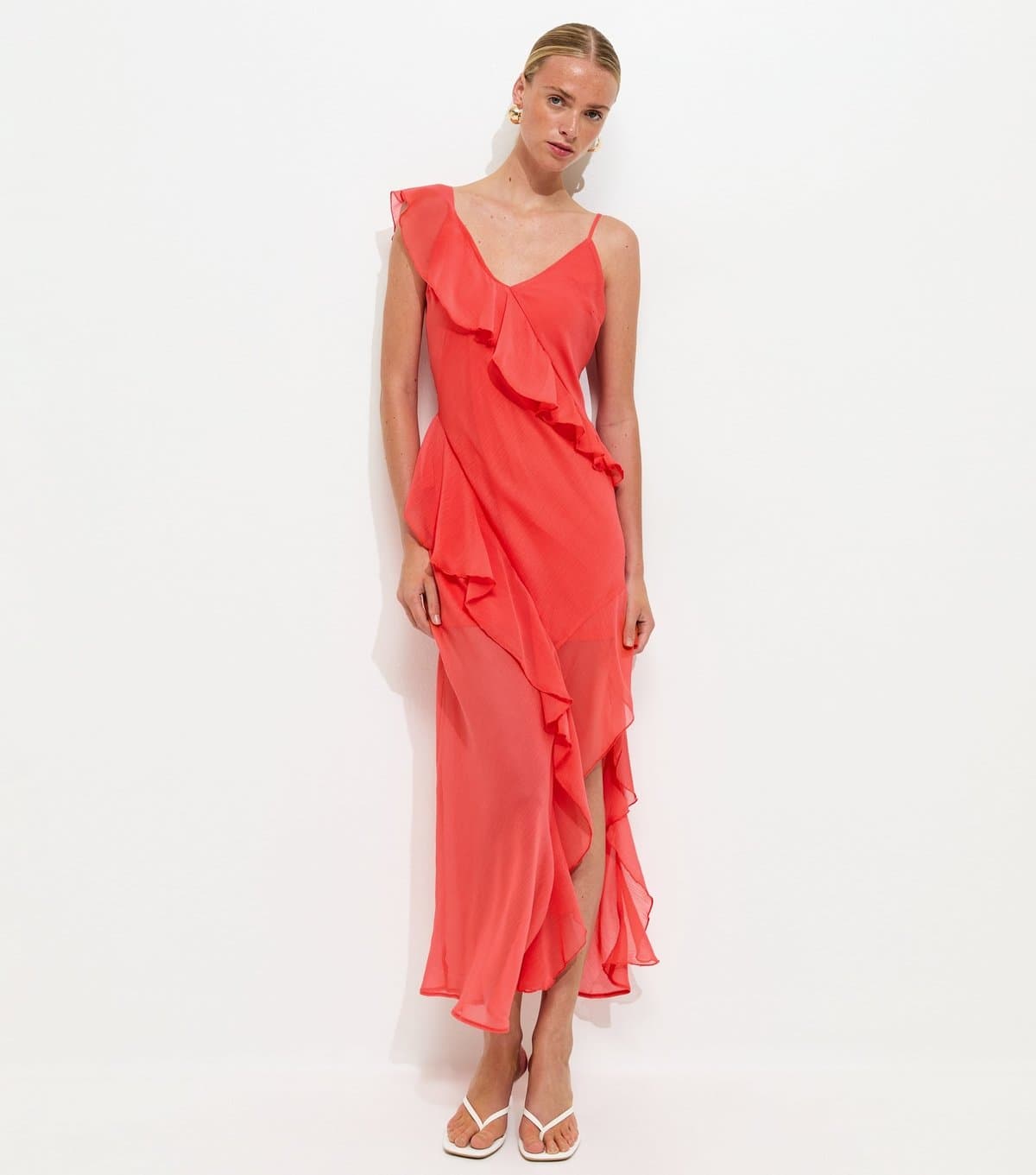 New Look Women's Dark Coral Chiffon Ruffle Trim Strappy Midi Dress New Look