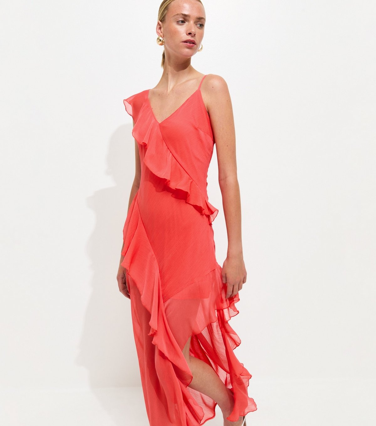 New Look Women's Dark Coral Chiffon Ruffle Trim Strappy Midi Dress New Look - 2