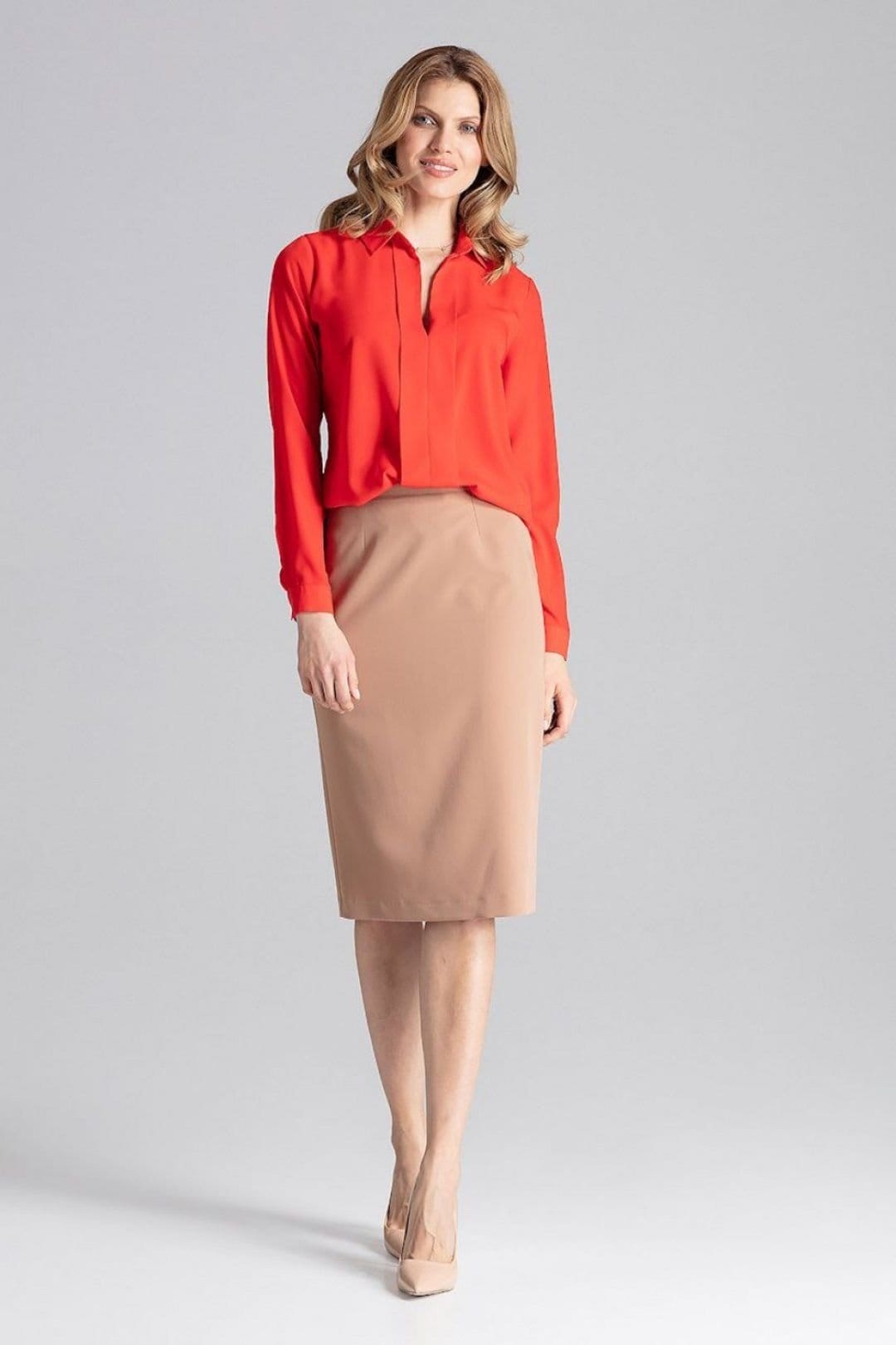 Love Lace Love Lace Women's Collared Long Sleeve Pleated Front Blouse in Red - 1