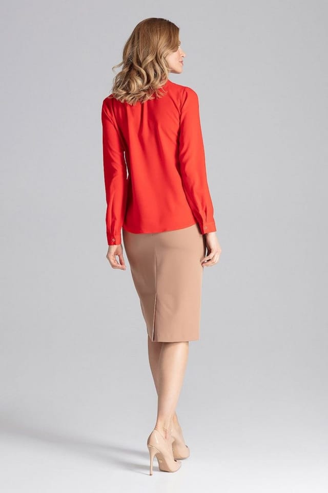 Love Lace Love Lace Women's Collared Long Sleeve Pleated Front Blouse in Red - 3